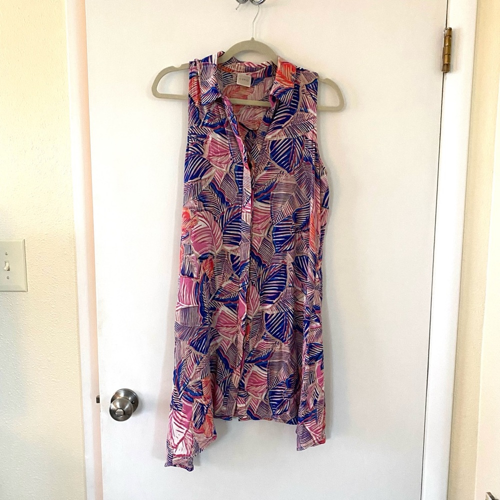 Tropical Sleeveless Button-up Dress Resortwear Vacation Pink Blue Leaves Pattern